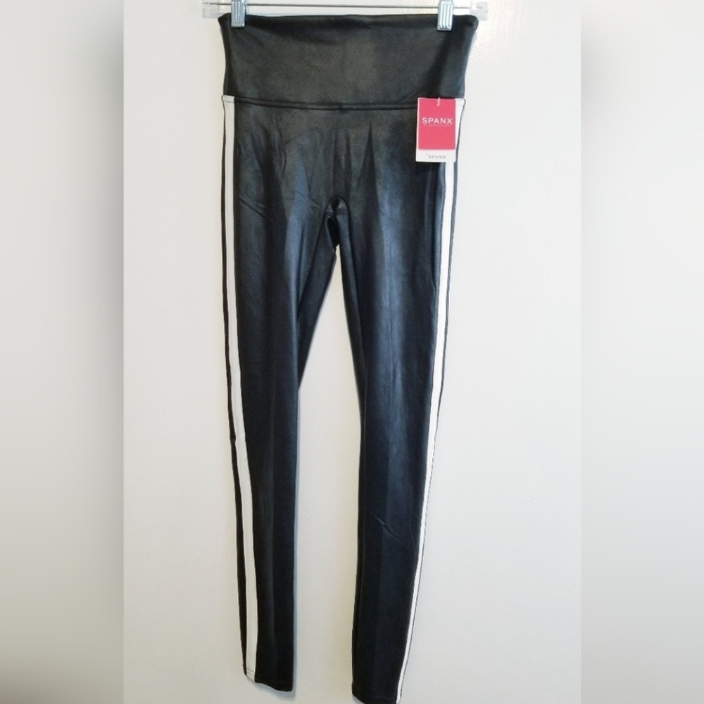 SPANX Faux Leather High-Waisted Black Leggings with White Side Stripes NEW NWT